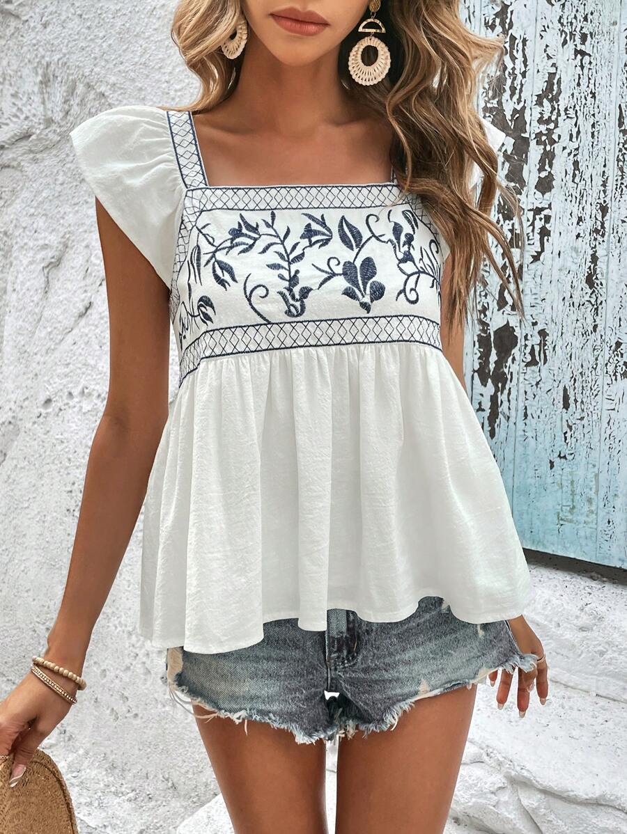 SHEIN VCAY Ngày lễ Phong cách Thêu Ruffle Cạnh Cổ vuông Ngắn tay Áo sơ mi - Màu xanh hải quân - Xem 1