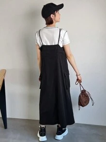 FRIFUL 春夏季抽绳腰拉链半襟翻盖口袋吊带连衣裙太阳裙 - 黑色 - 查看 5