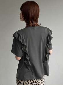 FRIFUL T-shirt pour femmes avec imprimé lettres et ourlet à volants, convenant pour l'été. Hauts mignons à volants, t-shirts graphiques - Gris - Voir 6