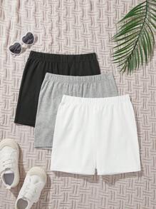 SHEIN Bộ quần short thường ngày được trang bị Tween Girl đan màu trơn với 3 chiếc, Xuân/Hè - Xám - Xem 1