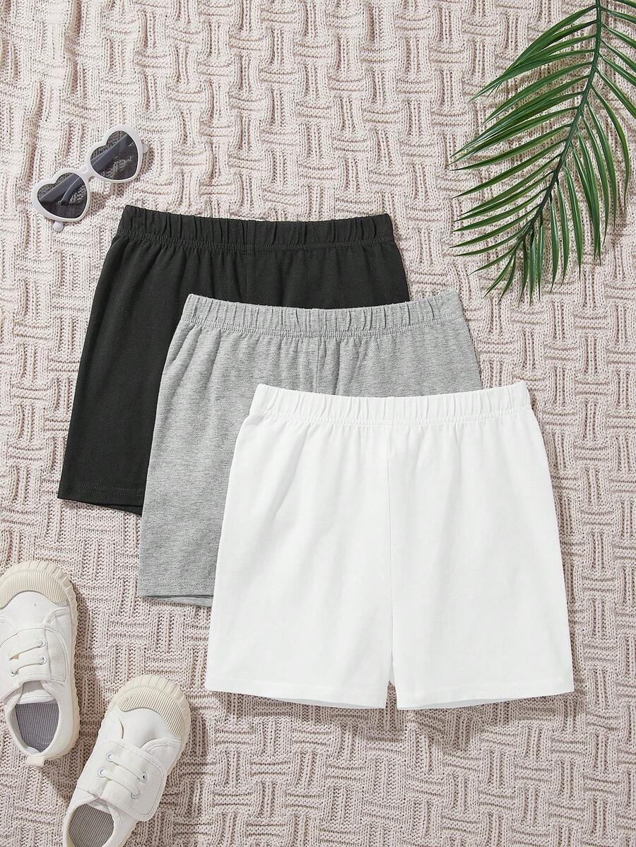 SHEIN Bộ quần short thường ngày được trang bị Tween Girl đan màu trơn với 3 chiếc, Xuân/Hè - Xám - Xem 1
