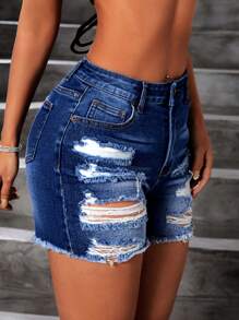 SHEIN ICON Ladies' Distressed Denim Shorts With Frayed Hem And Pockets