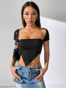 INAWLY Women's Summer Solid Color Square Neck Asymmetrical Hemline Cap Sleeve T-Shirt - Black - View 1