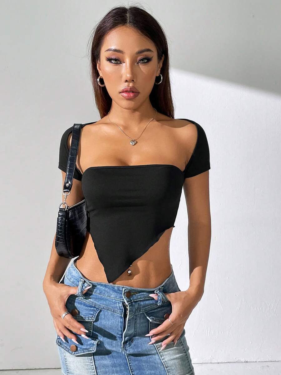INAWLY Women's Summer Solid Color Square Neck Asymmetrical Hemline Cap Sleeve T-Shirt - Black - View 1