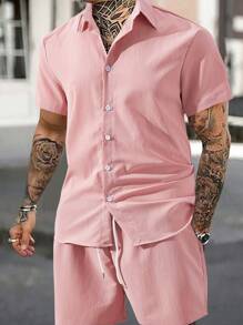 Manfinity Homme Men's Fashion Solid Color Short Sleeve Shirt And Shorts Casual 2pcs/Set - Dusty Pink - View 5