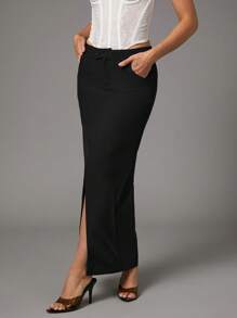 SHEIN BAE Jupe droite pour femmes professionnelle de travail noir avec fente de taille asymétrique pour les déplacements