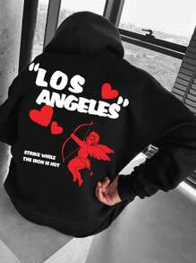 Manfinity Hypemode 男式超大尺碼天使翅膀印花放肩長袖帽衫,刊印標語,適用於秋冬季節 - 黑色 - 查看 1