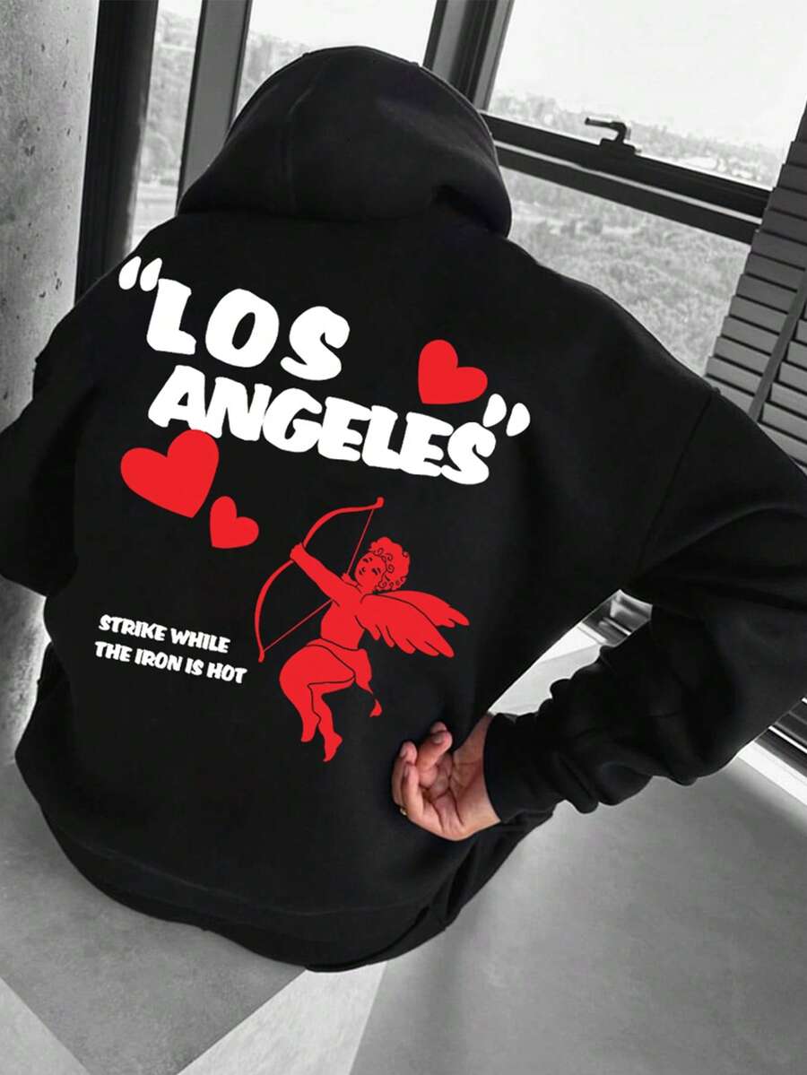 Manfinity Hypemode 男式超大尺碼天使翅膀印花放肩長袖帽衫,刊印標語,適用於秋冬季節 - 黑色 - 查看 1