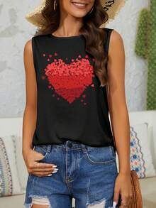 SHEIN EZwear 女式夏季心形印花圓領休閒背心上衣 - 黑色 - 查看 3