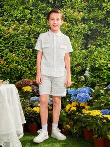 SHEIN Elegant Textured Shirt And Shorts Set For Tween Boys - White - View 6