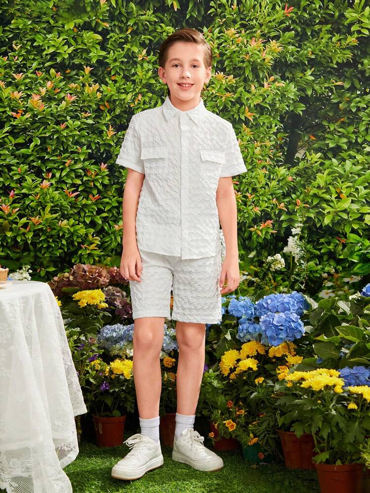 Elegant Textured Shirt And Shorts Set For Tween Boys