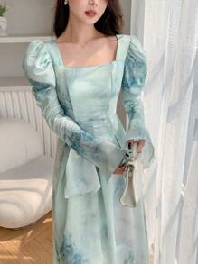 DAZY Ink Wash Ruched Waist Puff Sleeve Dress,Ruffle,Fall Dress Long Sleeve Dress