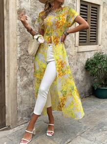 EMERY ROSE Camisa Larga De Flores Impresa Con Dobladillo Dividido Para Verano