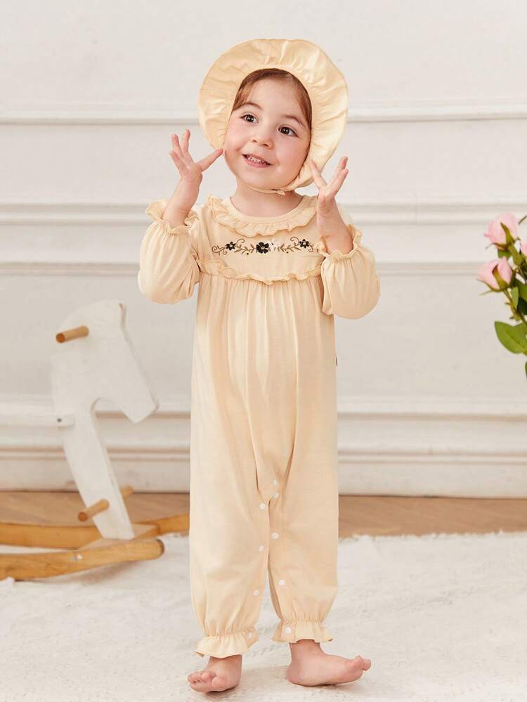 Baby Girl Apricot Simple Style Flower Embroidered Long Sleeve Jumpsuit Home Wear