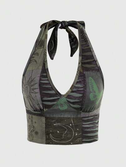 Summer Gothic Style Sexy Tight-Fitting Short Halter Top With Cutout And Star & Moon Print Collage