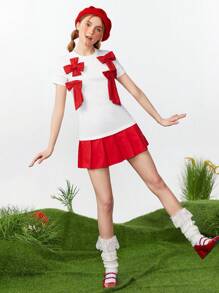 SHEINNeu TOMOTO GIRL Women's Red BOW Summer T-Shirt - White - View 7