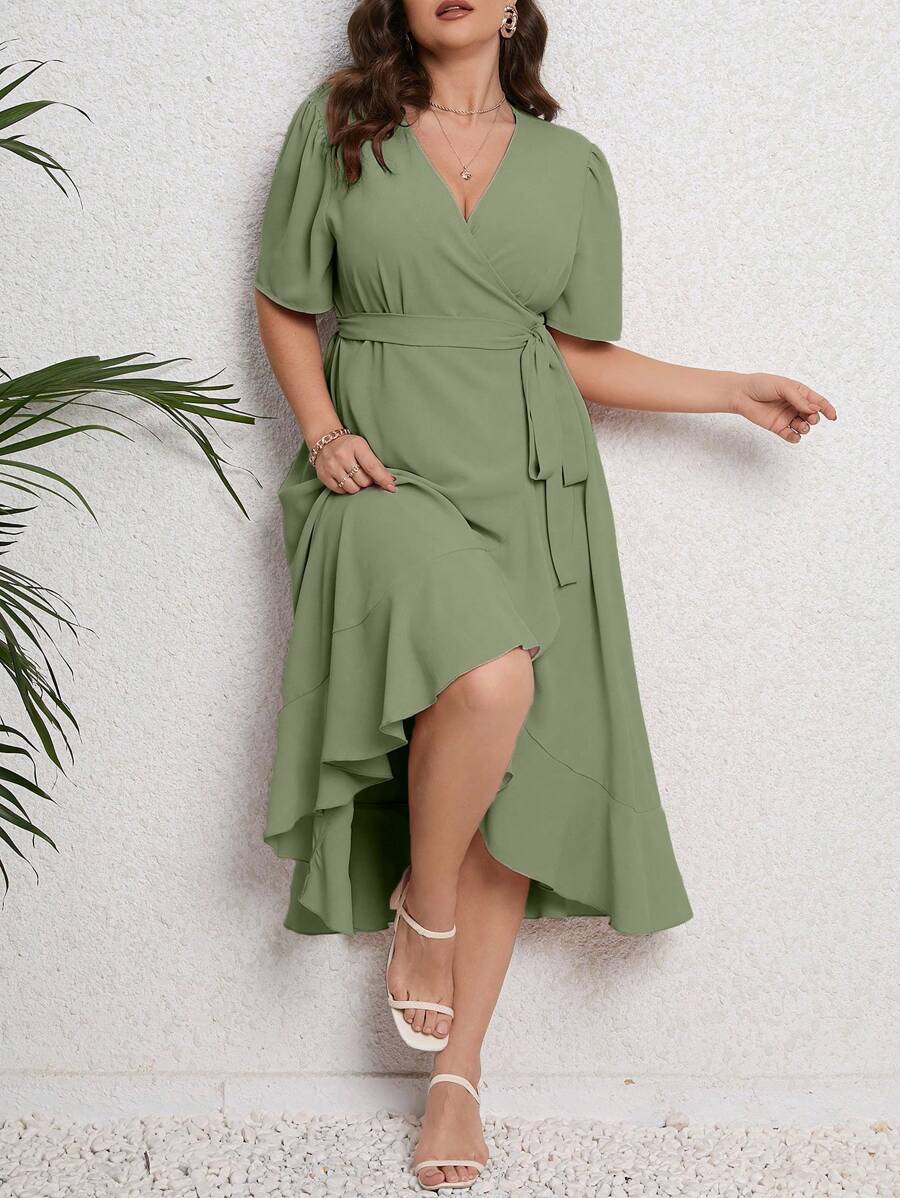 SHEIN LUNE Plus Size Solid Color V-Neck Belted Spring/Summer Dress Women Outfit - Green - View 1