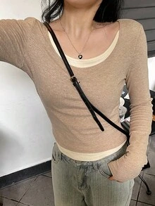 Fashionable Knitted Long Sleeve 2 In 1 Top, Inner Wear/Base T-Shirt