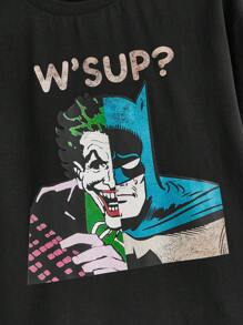 BATMAN X SHEIN Men Casual Drop Shoulder Loose T-Shirt With Anime Character And Slogan Prints For Summer