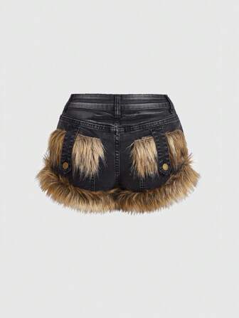 Grunge Punk Women's Gyaru Patchwork Plushed Decorated Denim Shorts, School