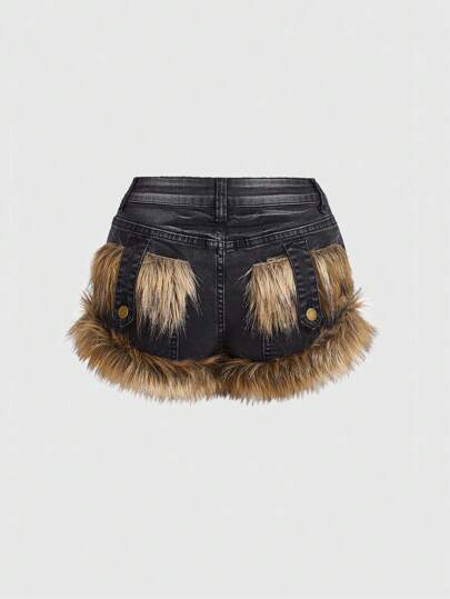 Grunge Punk Shorts di jeans a vita bassa con patchwork, decorati con peluche, stile Gyaru K-pop, adatti per la scuola