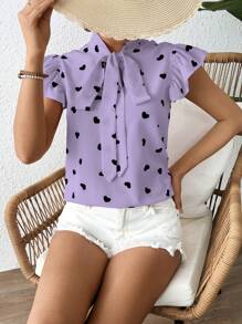 Breezaya Của phụ nữ In Trái tim áo tay bướm Tie Trước Áo sơ mi , Mùa xuân/Mùa hè - Màu tím - Xem 4