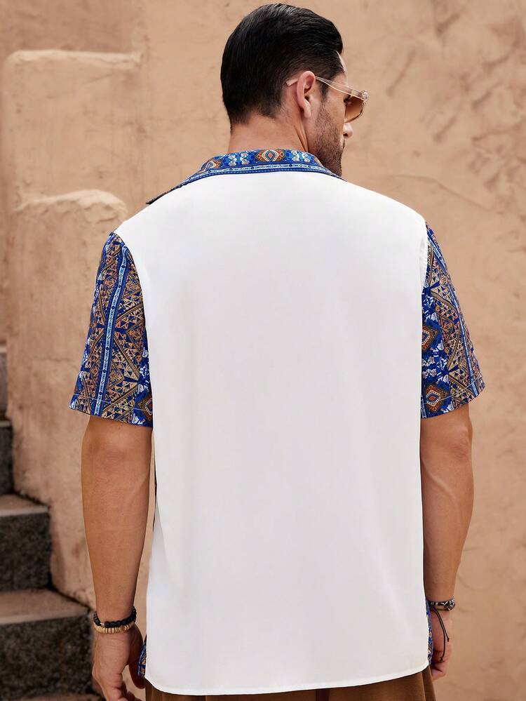 Men's Summer Geometric Printed Woven Casual Shirt With Patchwork Design