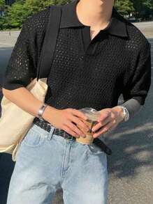DAZY Men's Summer Solid Color Hollow Knit Top - Black - View 8