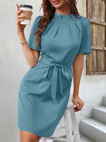 SHEIN Clasi 褶皺短袖腰帶連衣裙 - 藍色 - 查看 1