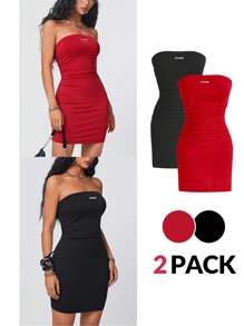 SHEIN EZwear 2 Miếng Thon gọn Quây Đầm - màu đen - Xem 1