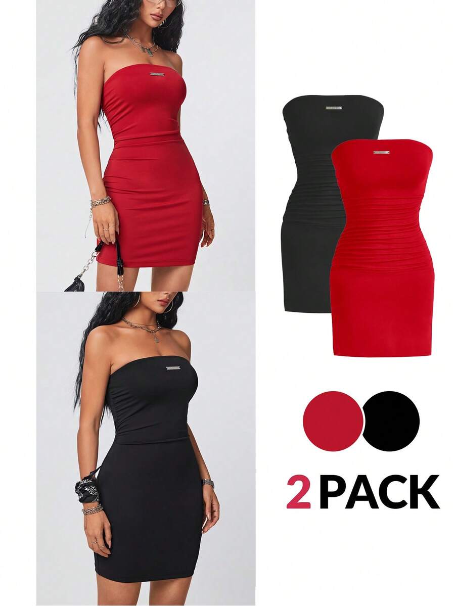 SHEIN EZwear 2 Miếng Thon gọn Quây Đầm - màu đen - Xem 1