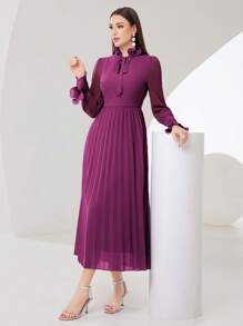 Modelyn Của phụ nữ Mùa xuân/Mùa hè Thanh lịch Dài Đầm Với thắt lưng , Tay áo dài Và Xếp li - Màu đỏ tím - Xem 6