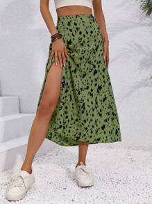 SHEIN Frenchy 度假風高開叉印花A字裙 - 橄欖綠 - 查看 3