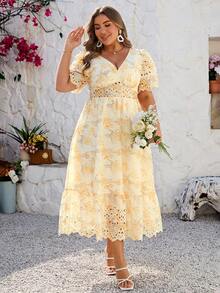 Simplee Plus Size Hollow-Out Lace V-Neck Short Sleeve Dress - Apricot - View 6