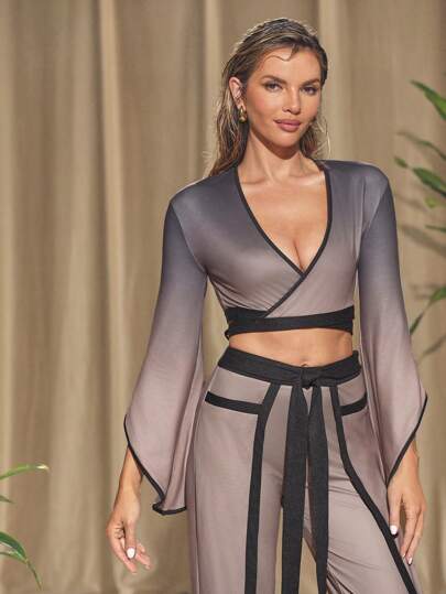 Summer C 设计师款女士时尚裹身短款喇叭袖上衣，适合夏季、假日、春季、外出、节日