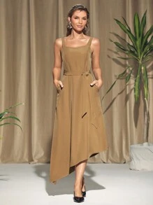 KES Vestido midi de princesa sin mangas color caqui, vestido elegante de verano para vacaciones, fiestas, cumpleaños, festivales, boda, baile de graduación