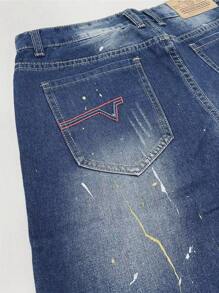 Men Graphic Print Ripped Frayed Bermuda Denim Shorts - Dark Wash - View 4