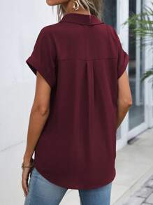 EMERY ROSE Summer Casual Button Up Batwing Sleeve Shirt,Short Sleeve Tops - Maroon - View 2