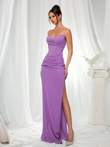 VIPGIRL Elegant Bridesmaid Dress: Strapless Flattering Fitted Satin Gown With Corset Bodice & Draped Waist – Minimalist Luxury Formal Evening Wear, Wedding Guest Outfit - Purple - View 4