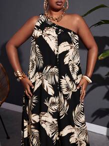 SHEIN CURVE+ Mono de palma de talla grande con estampado de hojas y un solo hombro, de pierna ancha para vacaciones y ropa informal - Multicolor - Ver 4