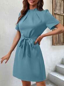 SHEIN Clasi 褶皺短袖腰帶連衣裙 - 藍色 - 查看 4