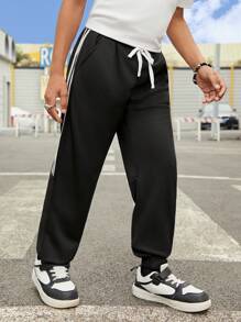 SHEIN Tween Boy Sports Knitted Sweatpants With Side Taping - Black - View 6