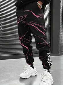 Men's Lightning Print Casual Jogger Pants With Drawstring Waist - Black - View 1