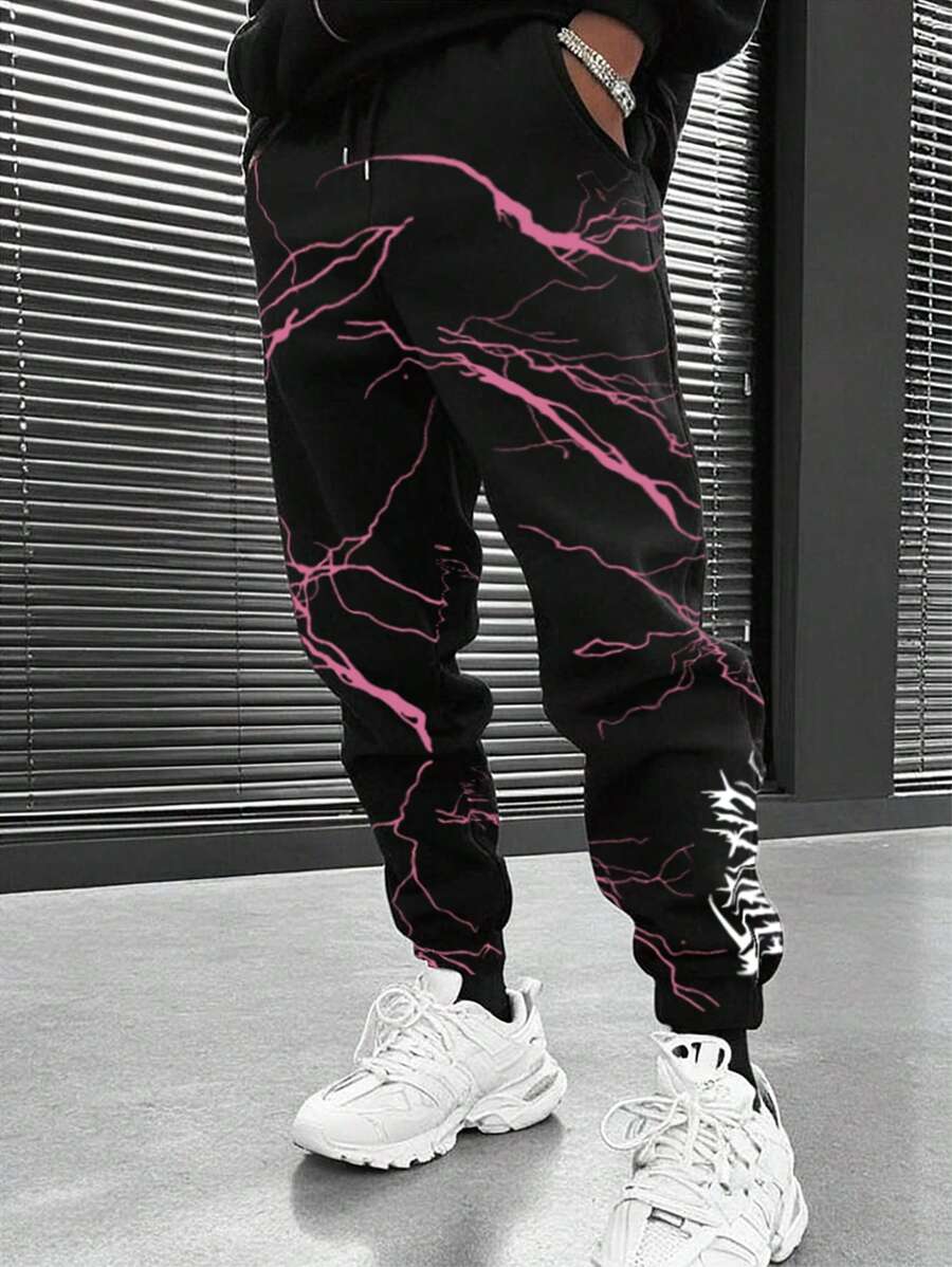 Men's Lightning Print Casual Jogger Pants With Drawstring Waist - Black - View 1