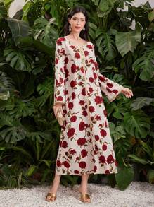 Al Najma Quý cô In Hoa hồng Vá lại Ruy băng Tay áo kèn  Jalabiya Đầm - Màu be - Xem 4