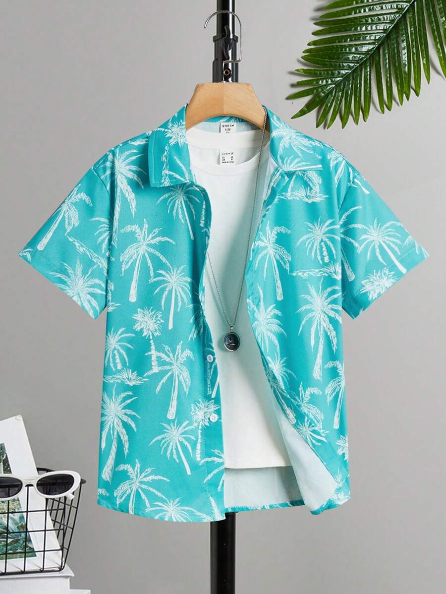 SHEIN 少年款休閒椰樹印花短袖襯衫，帶翻領設計，適用於度假 - 綠色 - 查看 1