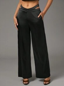 SHEIN BAE Pantalones de pierna recta y pierna ancha de satén negro con cintura hueca en V para mujeres profesionales de negocios - Negro - Ver 6