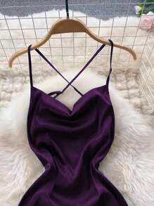 SHEIN Belle Kích thước lớn Ren Vá lại Váy Dây - Màu tím - Xem 5