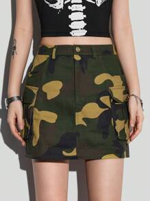 SHEIN EZwear Camouflage Multi-Pocket Mini Utility Skirt