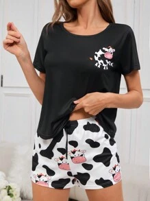 Conjunto De Pijama Para Mujer De Top Y Shorts Con Estampado De Leche - Negro - Ver 6